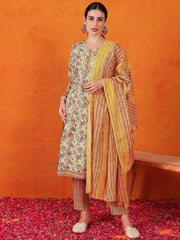 Precious Yellow Printed Cotton Casual Wear Pant Suit With Dupatta