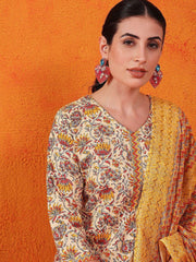 Precious Yellow Printed Cotton Casual Wear Pant Suit With Dupatta
