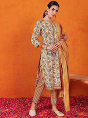 Precious Yellow Printed Cotton Casual Wear Pant Suit With Dupatta