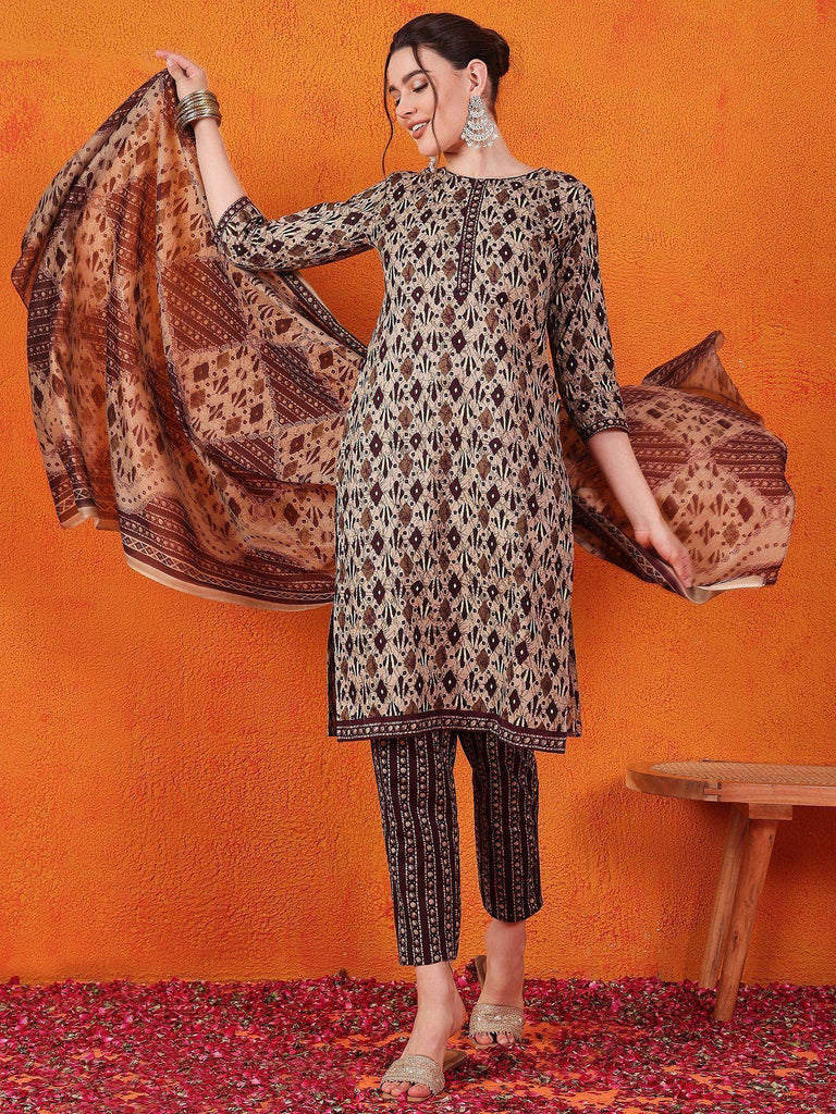 Attractive Brown Printed Cotton Casual Wear Pant Suit With Dupatta