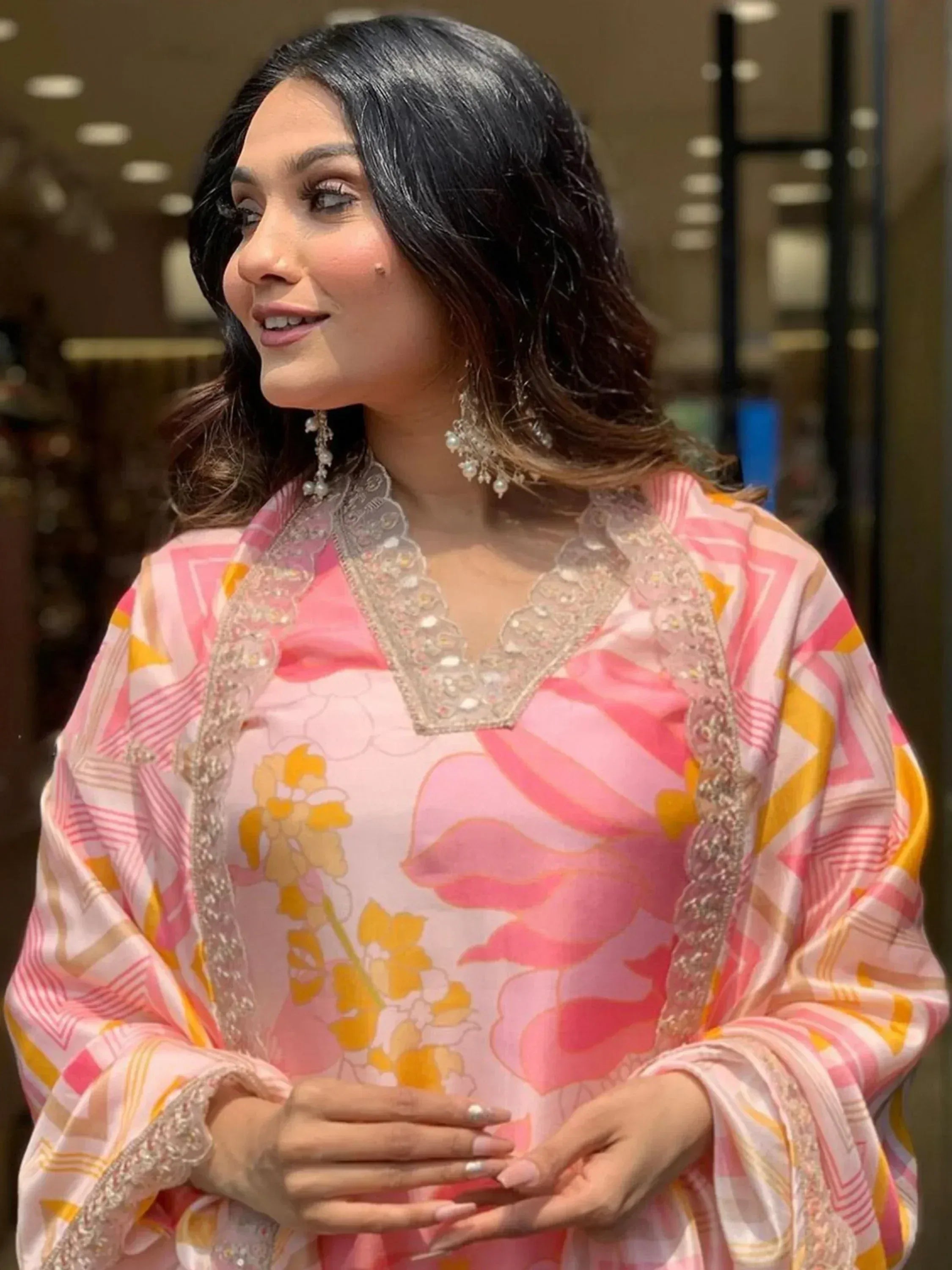 Pink floral printed ethnic kurta with lace detailing, perfect for Indian occasions and festive wear.
