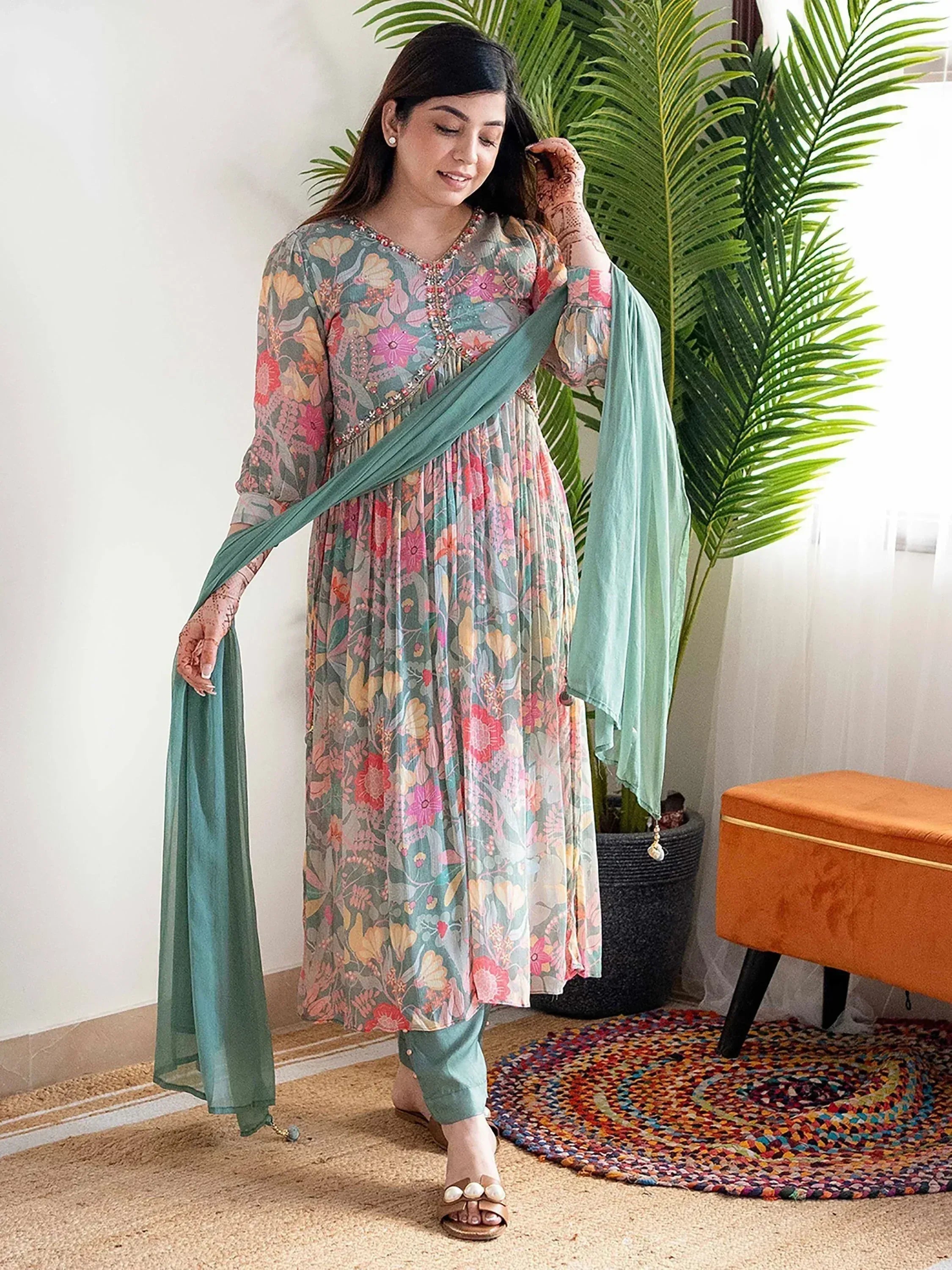 Floral print ethnic kurta with mint dupatta, styled with palazzo pants for casual wear