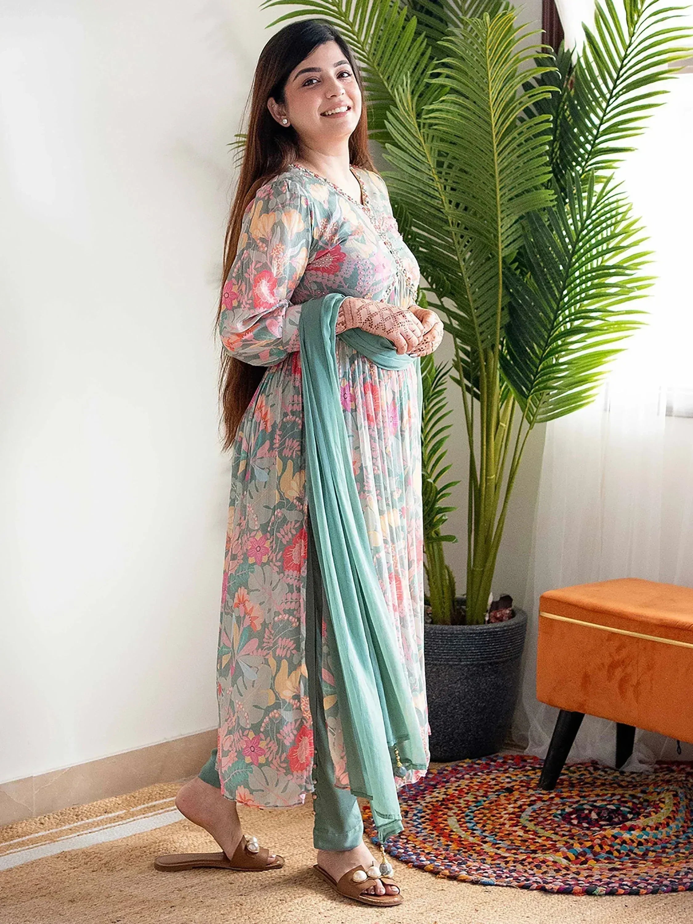 Floral printed ethnic gown with matching dupatta, perfect for Indian festive occasions