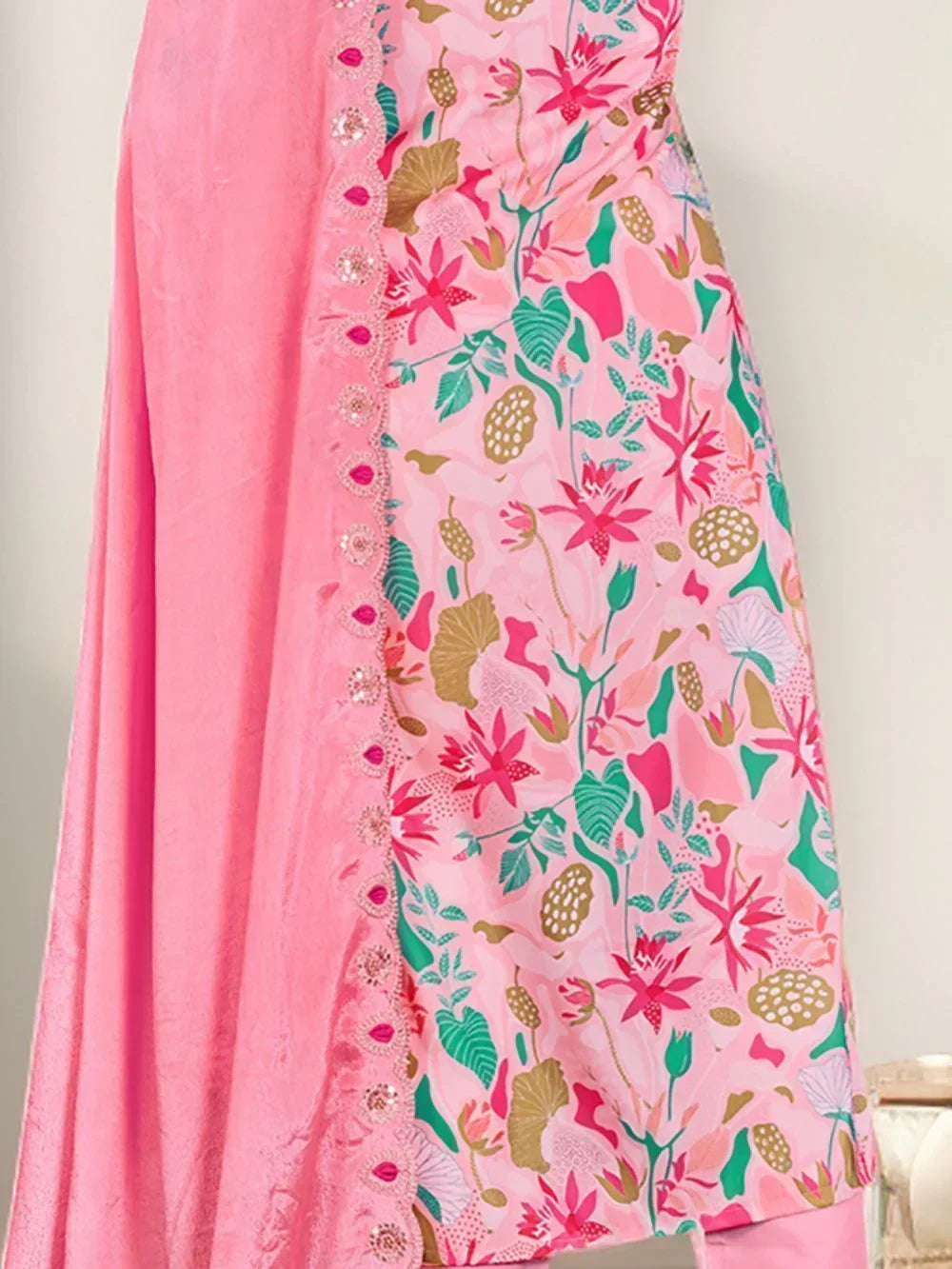 Pink floral printed Indian ethnic dress with embroidered lace detailing