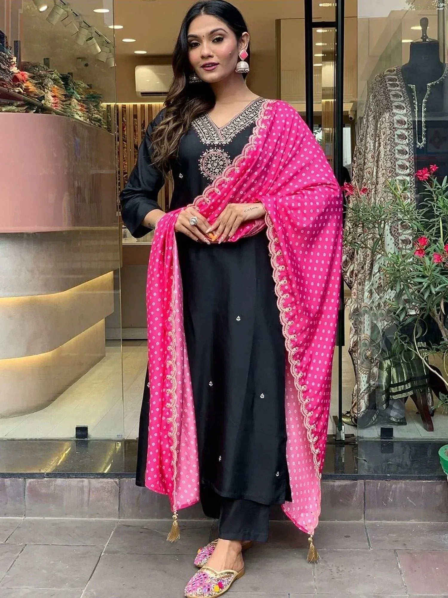 Black embroidered kurta with pink polka dot dupatta, Indian ethnic wear for women