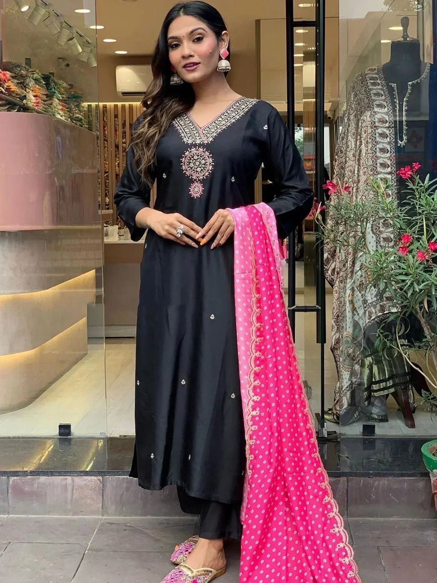 Black embroidered kurta with pink dupatta, ethnic wear for women