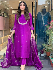 Attractive Purple Embroidered Silk Festival Wear Pant Suit With Dupatta