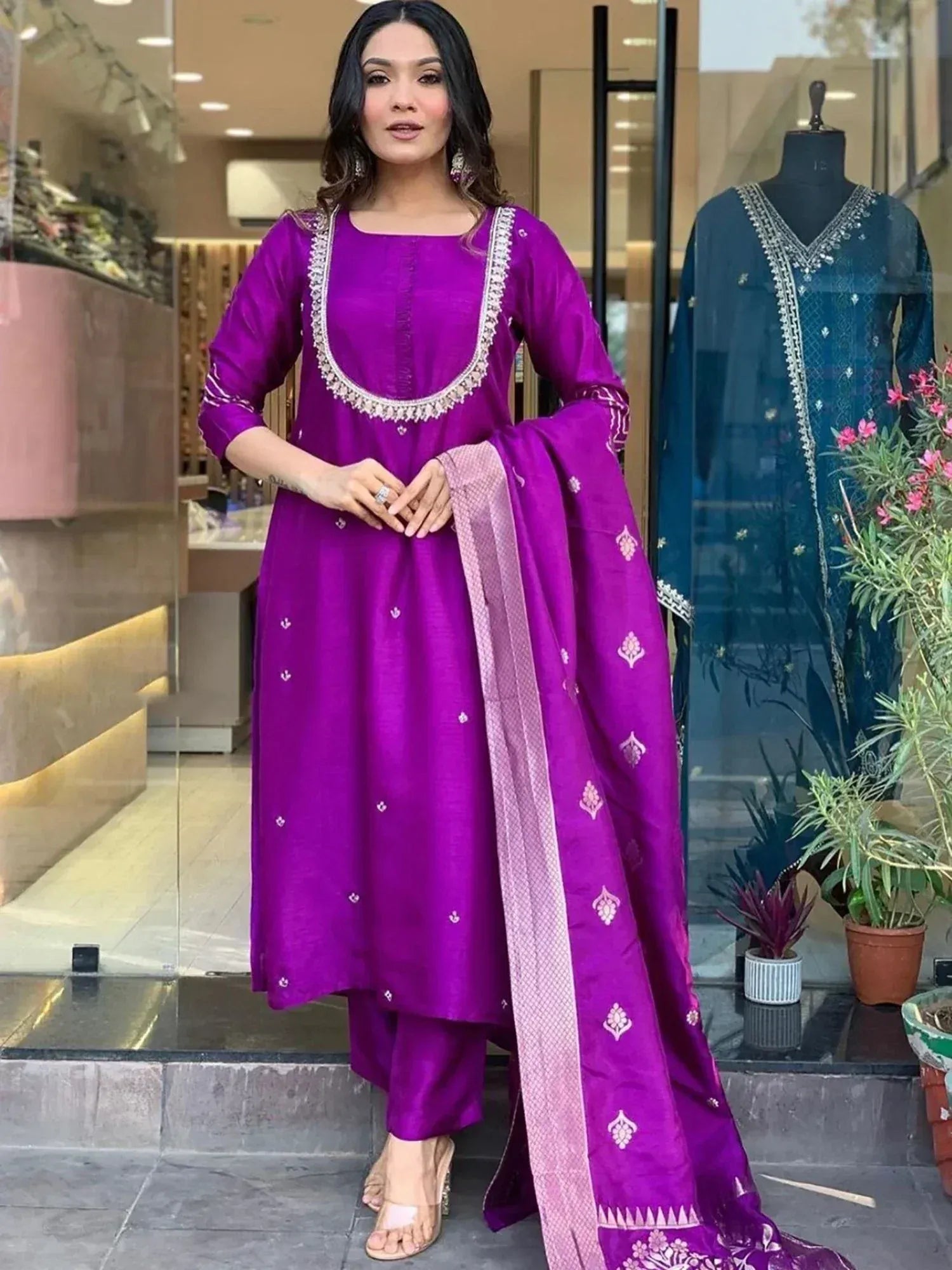 Purple embroidered salwar kameez with matching dupatta, stylish ethnic wear for women