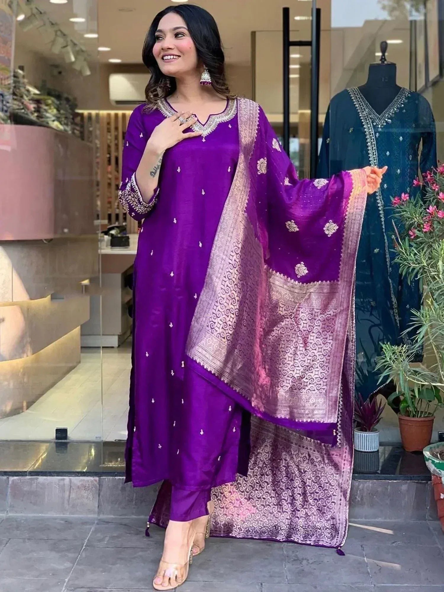 Purple embroidered salwar kameez with patterned dupatta, Indian ethnic wear for women