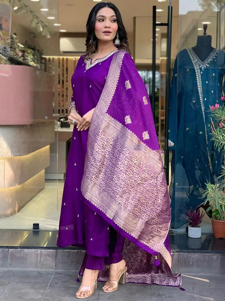 Charming Purple Embroidered Silk Festival Wear Pant Suit With Dupatta