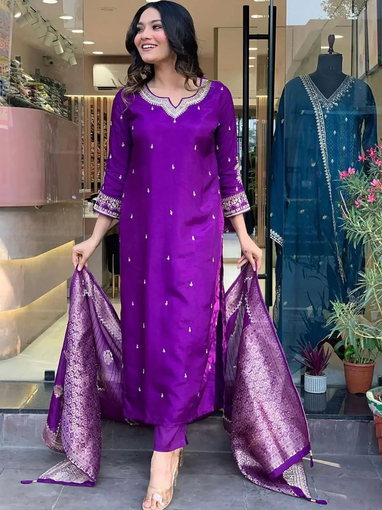Charming Purple Embroidered Silk Festival Wear Pant Suit With Dupatta