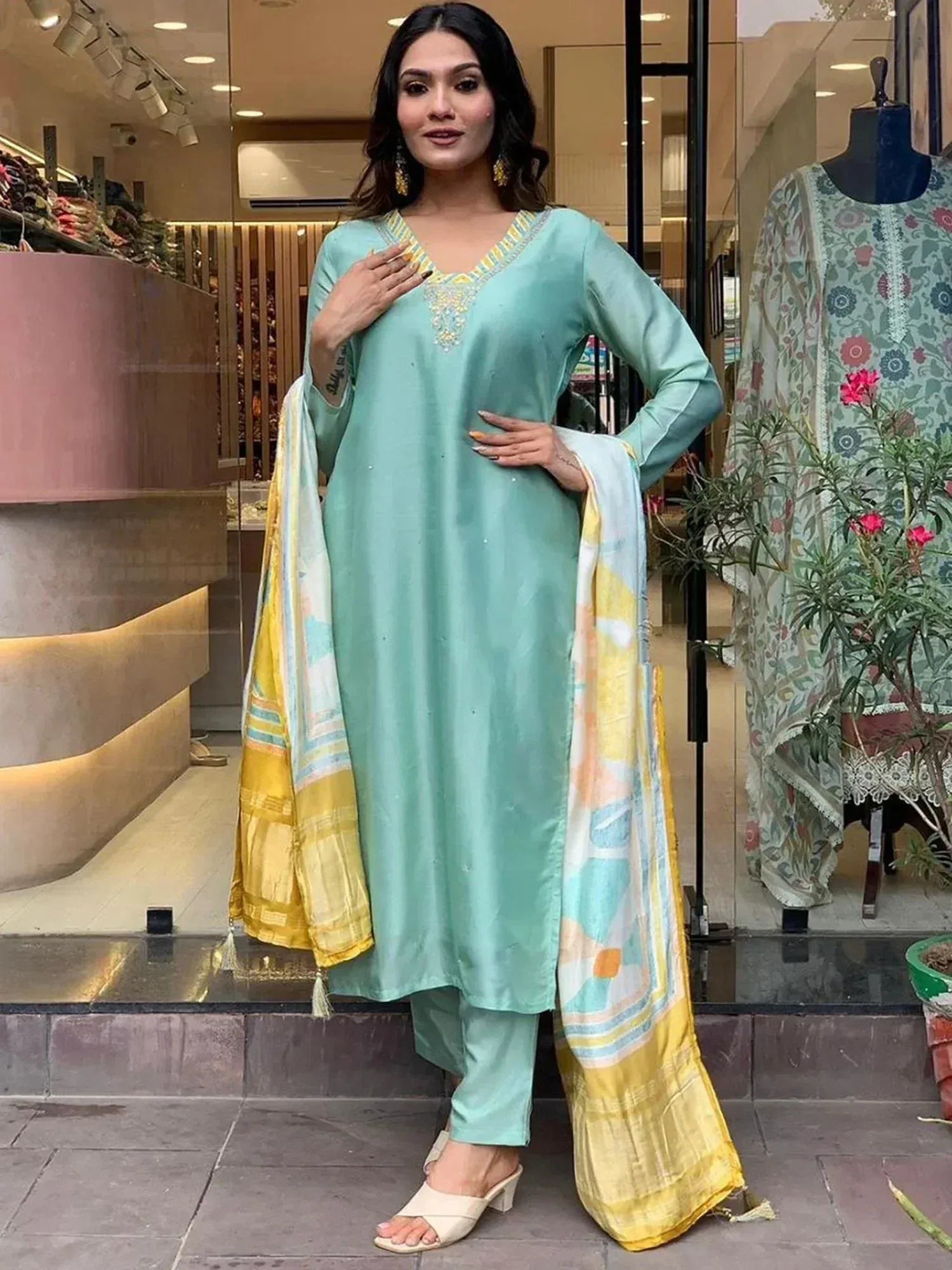 Mint green embroidered kurta with matching pants and yellow dupatta, Indian ethnic wear