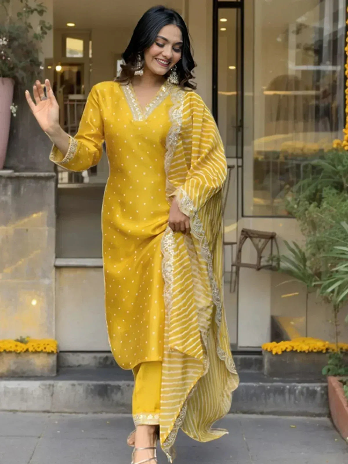 Yellow polka dot salwar kameez with striped dupatta, ethnic Indian wear for women