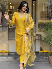 Astonishing Yellow Printed Muslin Silk Haldi Wear Pant Suit With Dupatta