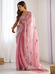 Bewitching Pink Embroidered Organza Festival Wear Saree With Blouse