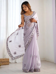 Attractive Lavender Embroidered Organza Event Wear Saree With Blouse
