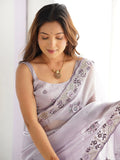 Attractive Lavender Embroidered Organza Event Wear Saree With Blouse