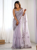 Attractive Lavender Embroidered Organza Event Wear Saree With Blouse
