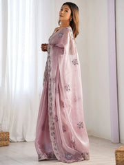 Alluring Mauve Embroidered Organza Party Wear Saree With Blouse