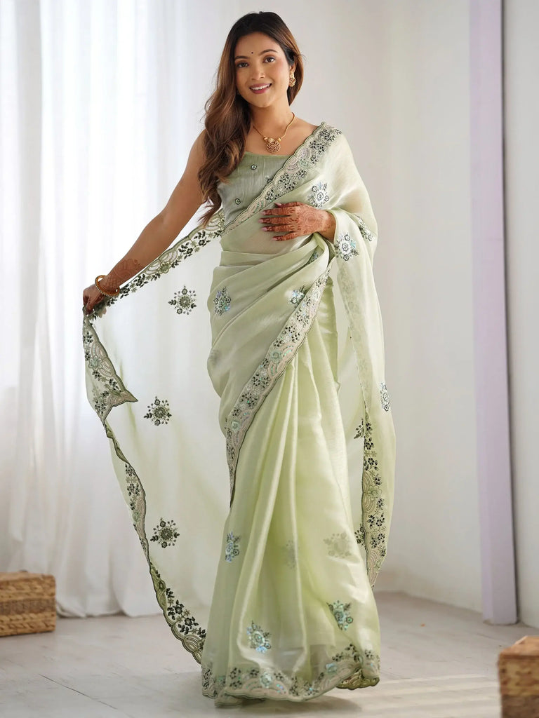 Magnetic Pista Green Embroidered Organza Event Wear Saree