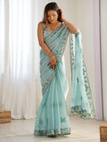 Beautiful Sky Blue Embroidered Organza Festival Wear Saree With Blouse