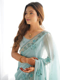 Beautiful Sky Blue Embroidered Organza Festival Wear Saree With Blouse