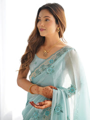 Beautiful Sky Blue Embroidered Organza Festival Wear Saree With Blouse