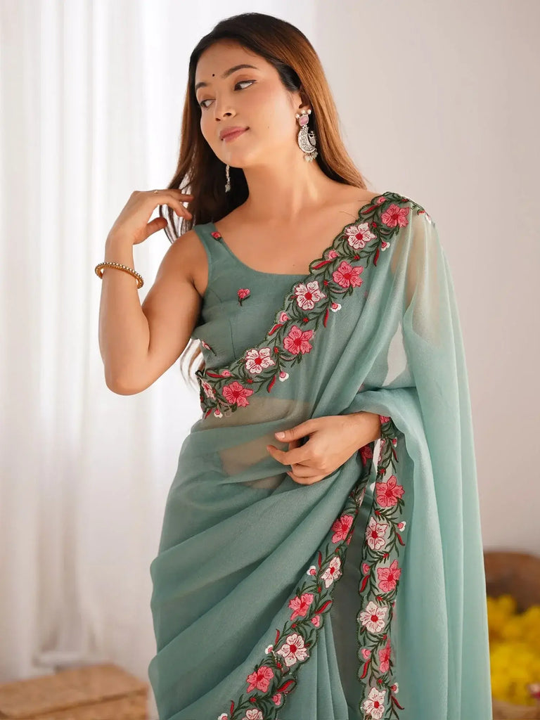 Glamorous Dusty Green Embroidered Georgette Party Wear Saree