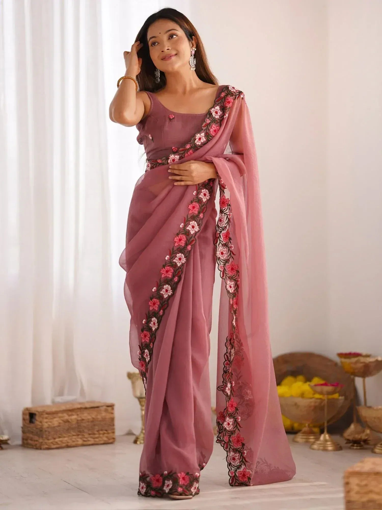 Pink floral embroidered saree with matching blouse, Indian ethnic wear for women
