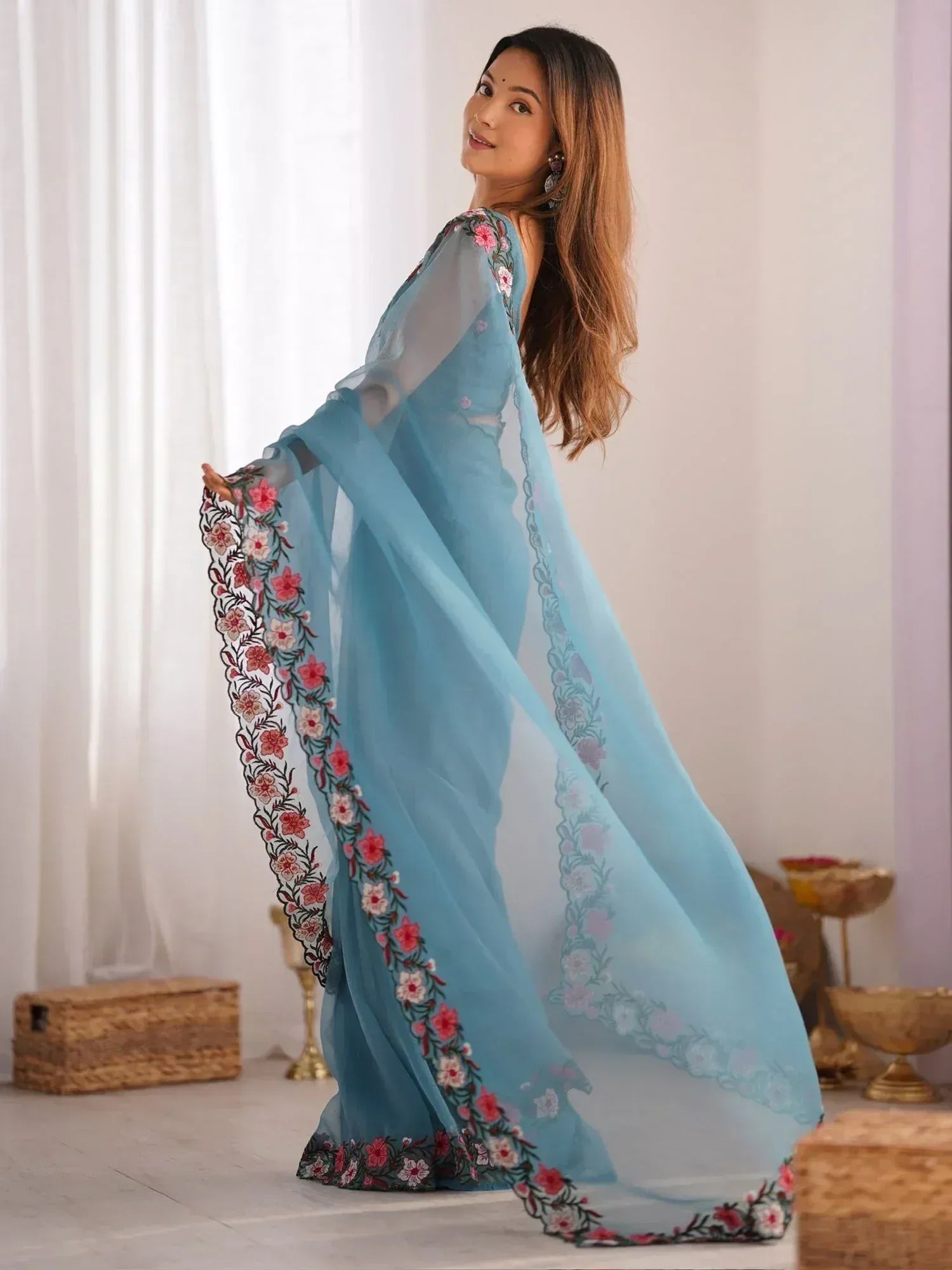Light blue floral embroidered saree with sheer dupatta, Indian ethnic wear for women