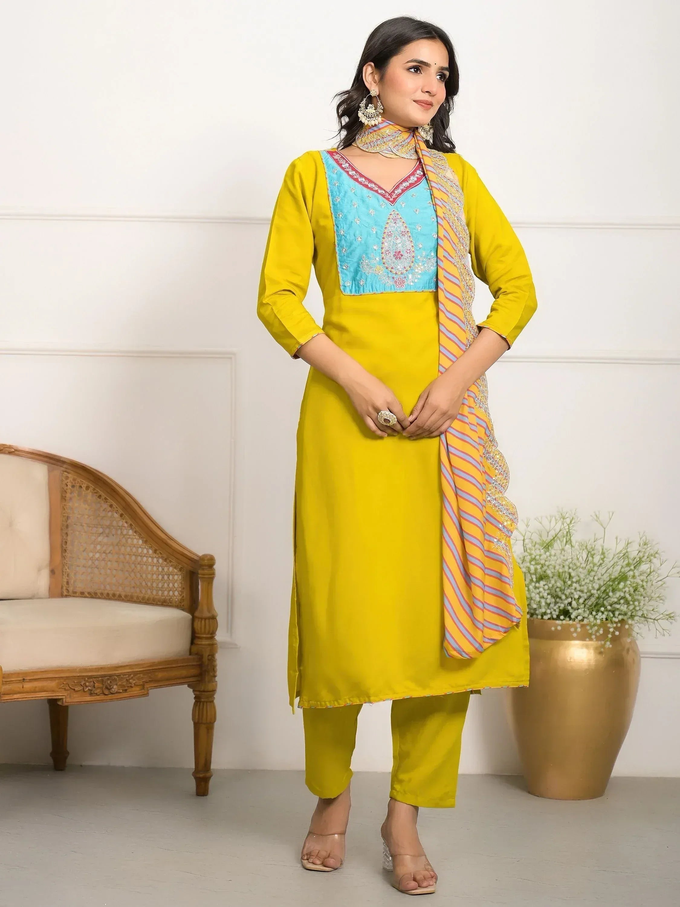 Yellow salwar kameez with blue embroidered yoke and striped dupatta, Indian ethnic wear