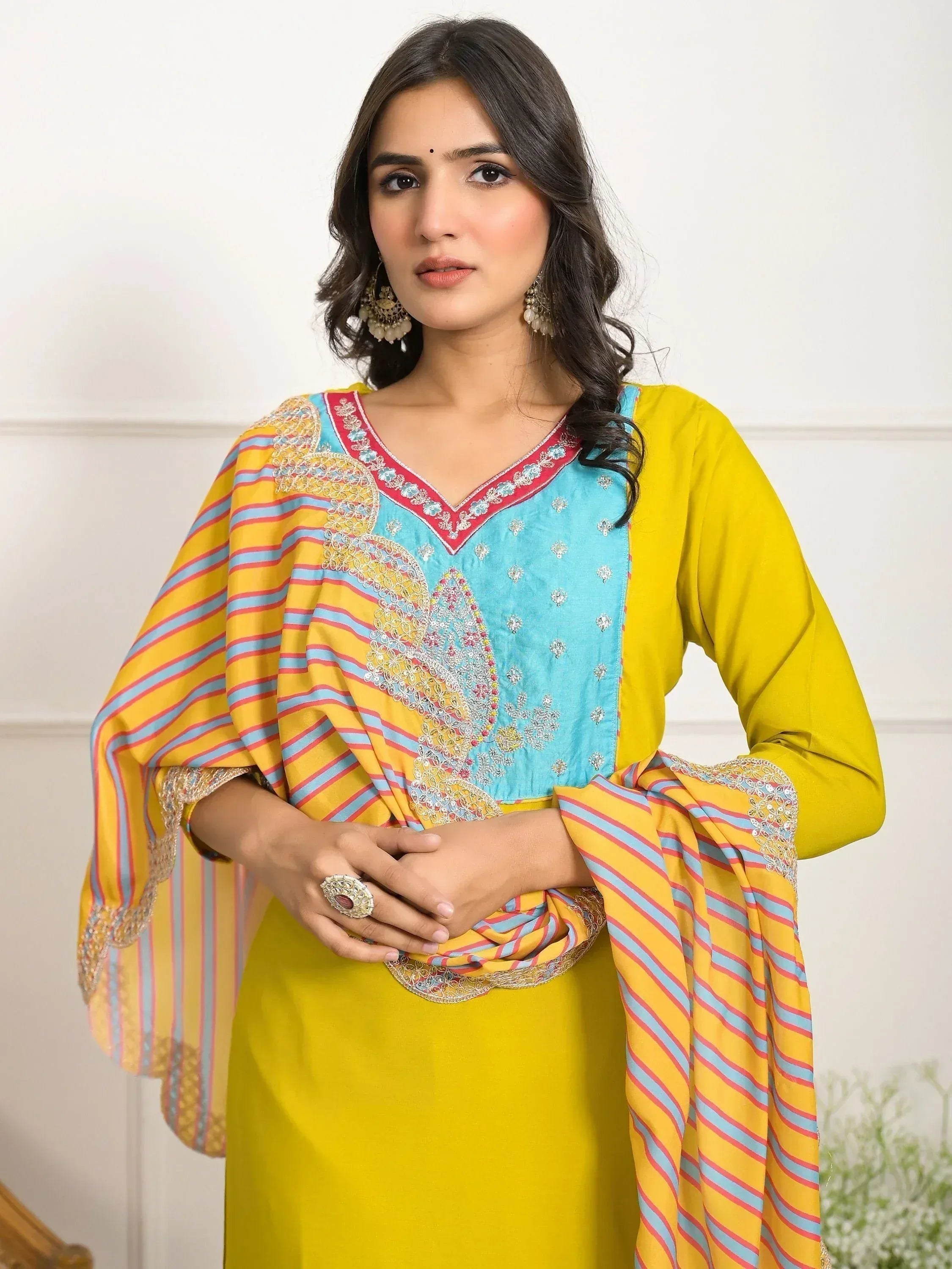 Yellow and blue embroidered salwar kameez with striped dupatta, Indian ethnic wear for women