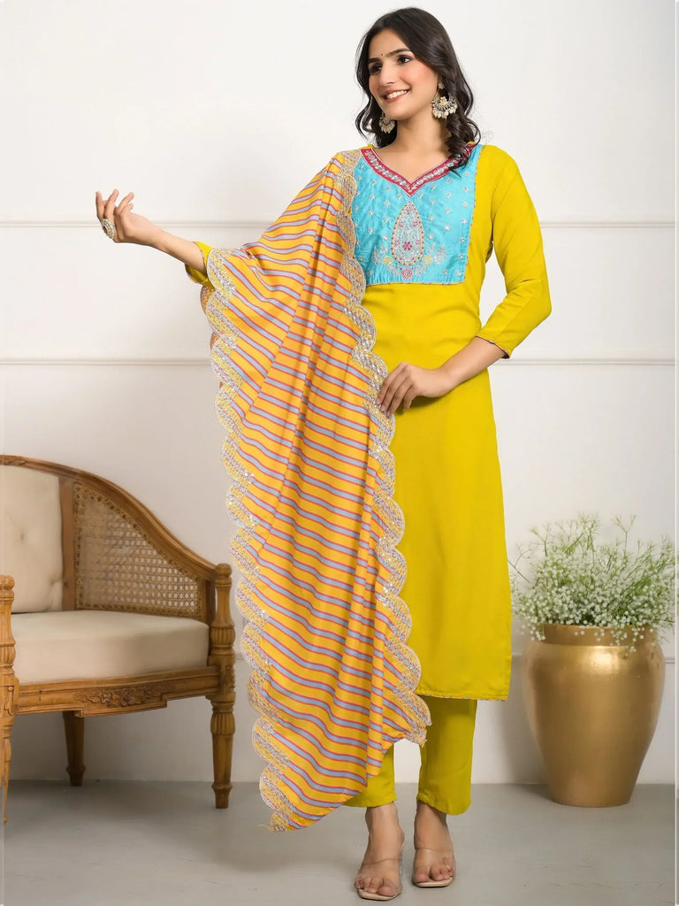 Tantalizing Yellow Embroidered Viscoce Pant Suit With Dupatta