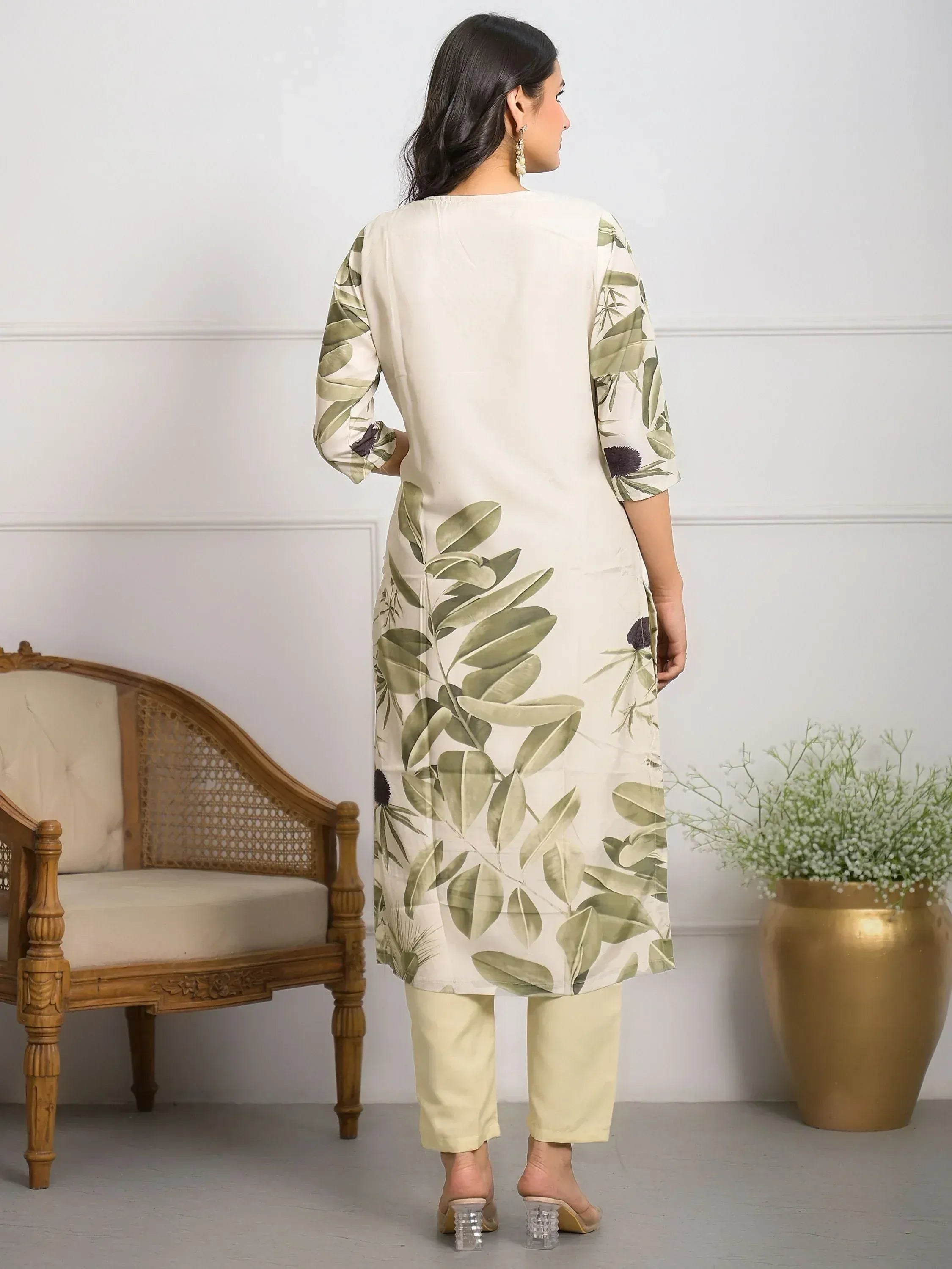 Cream floral print kurta with matching pants, ethnic wear for women