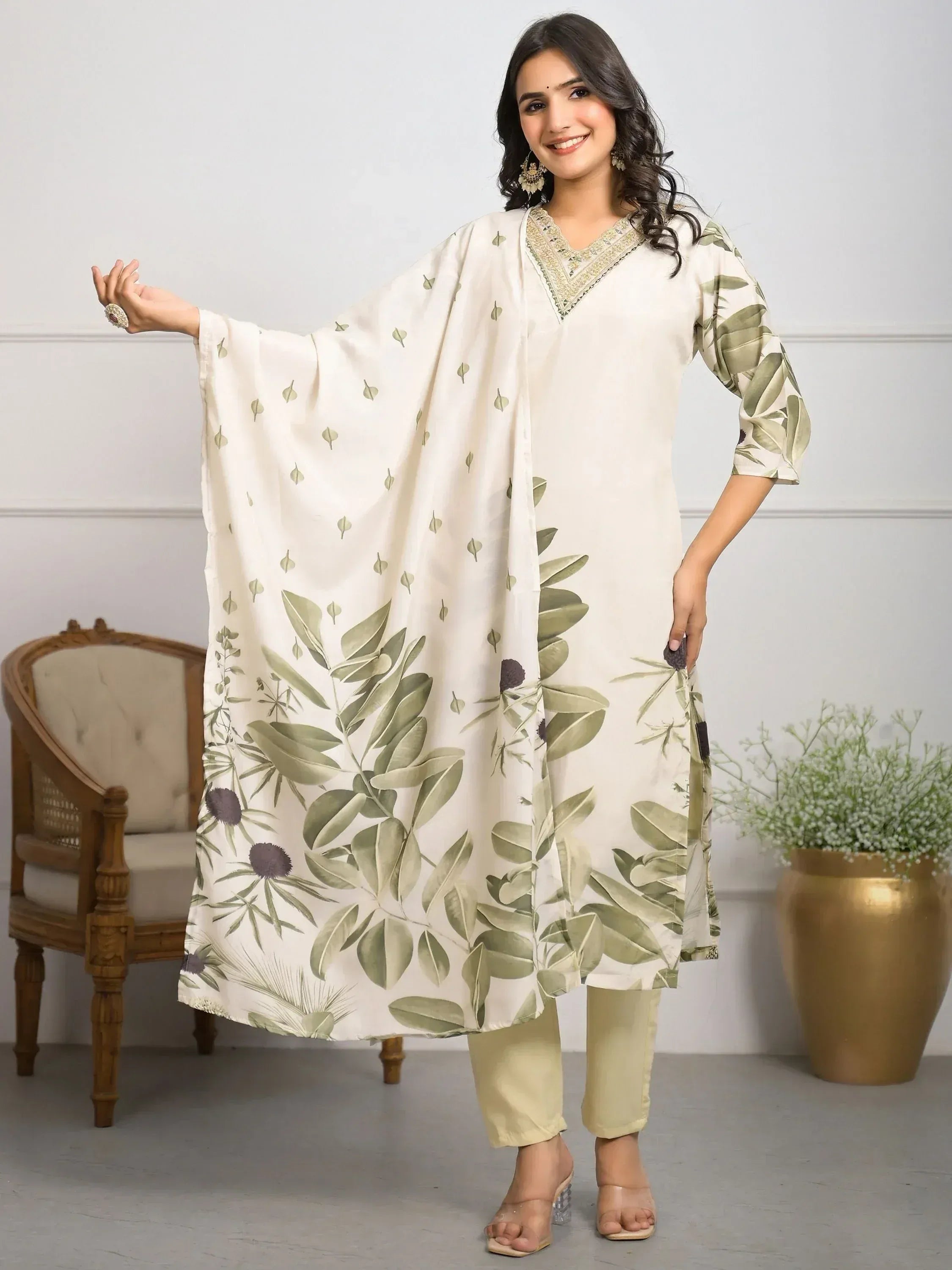 Cream floral print kurta with embroidered neckline, paired with palazzo pants, ethnic wear for women
