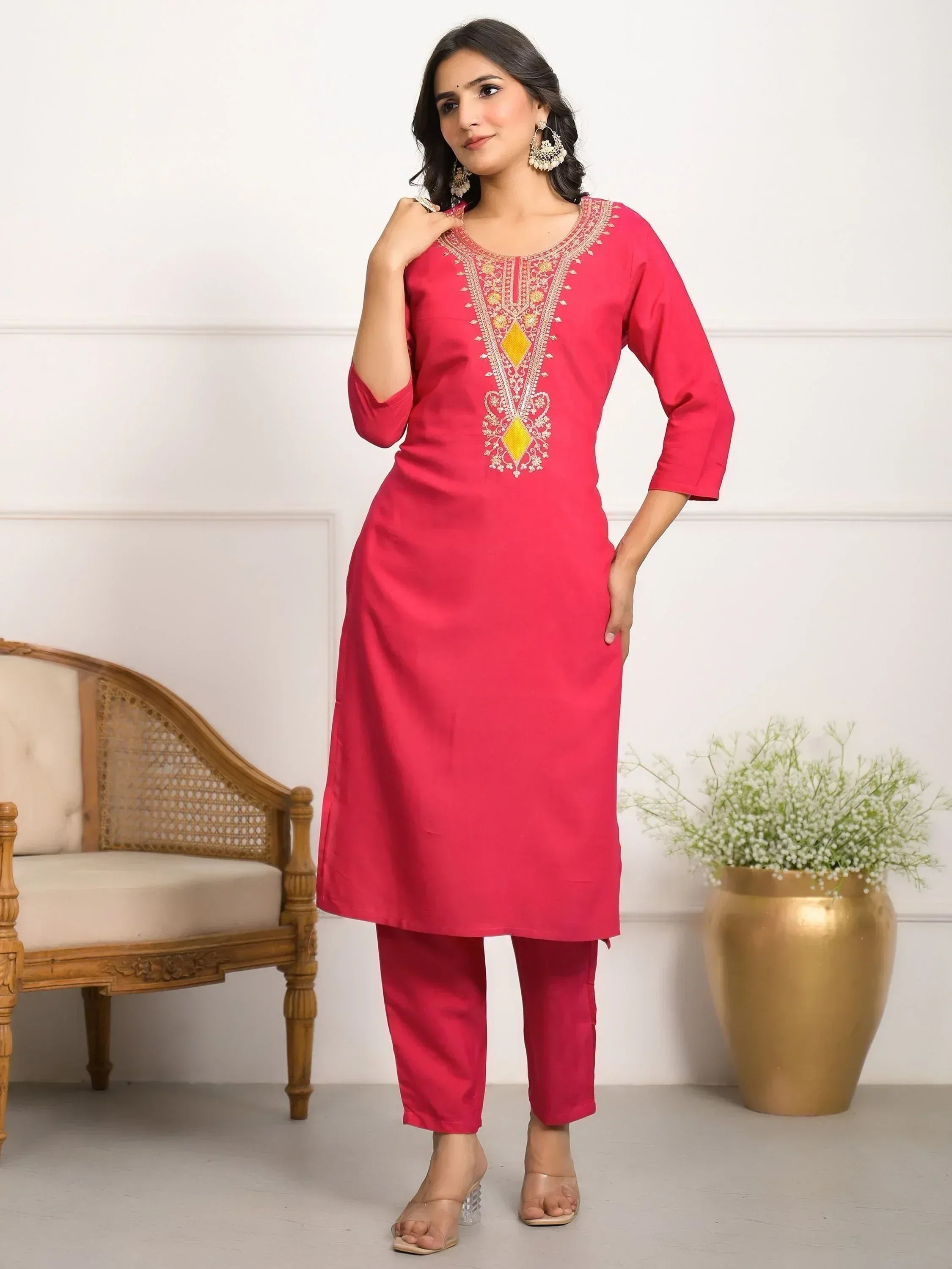 Pink embroidered kurta with matching pants, stylish Indian ethnic wear for women