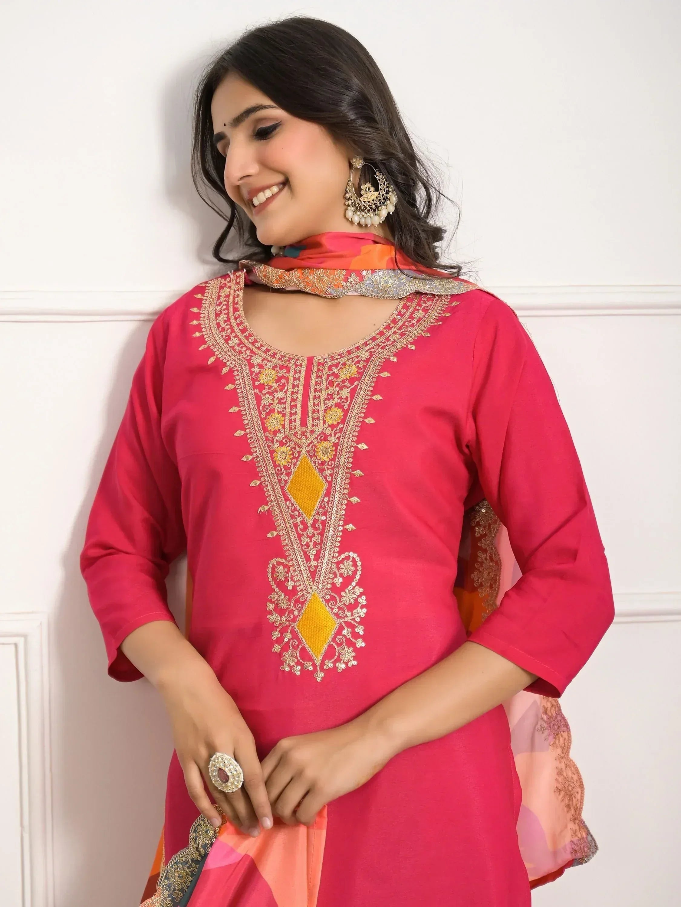 Pink embroidered kurta with gold detailing, paired with matching dupatta, ideal for Indian ethnic wear occasions.