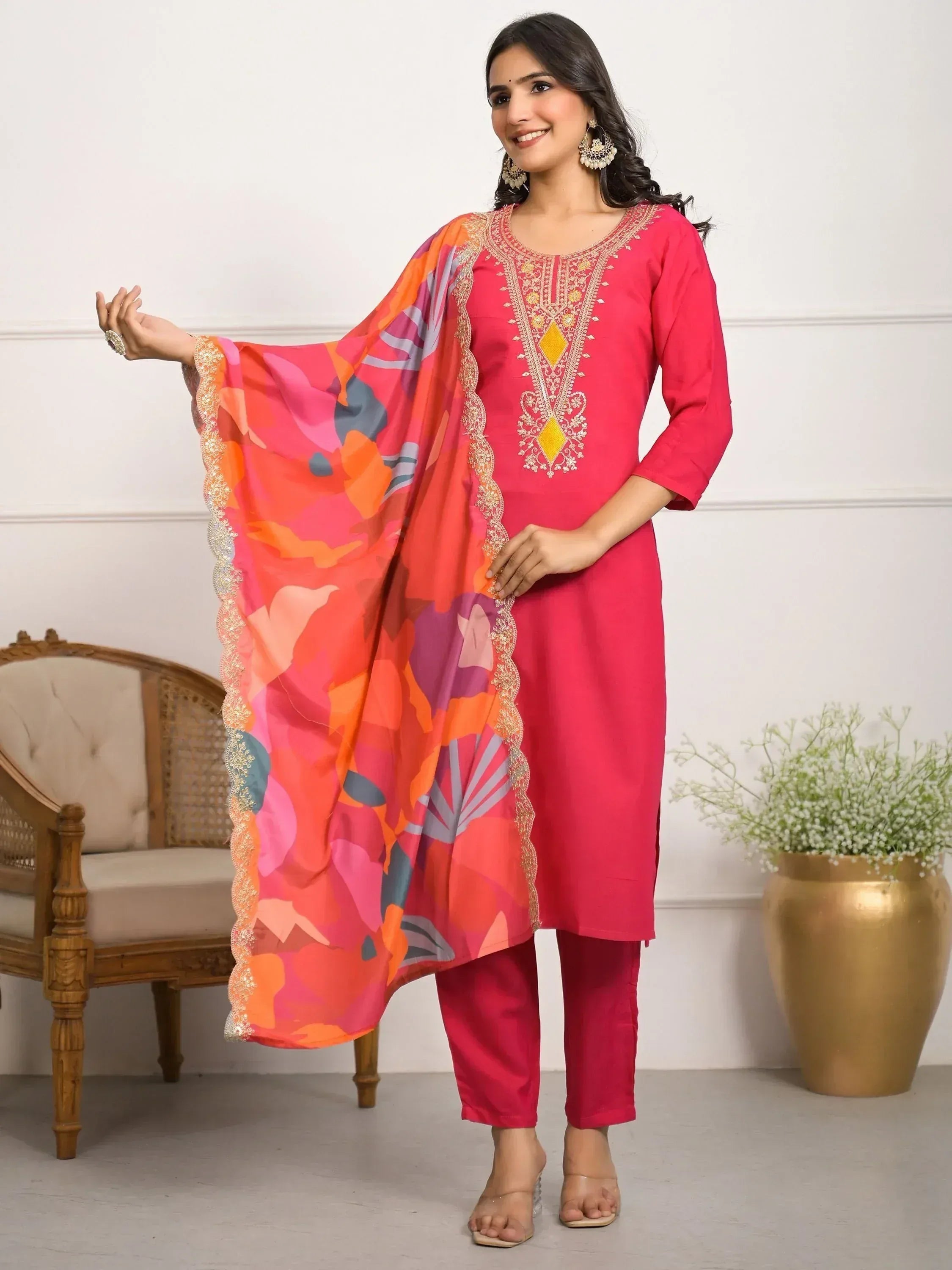 Pink embroidered kurta with floral dupatta, stylish Indian ethnic wear