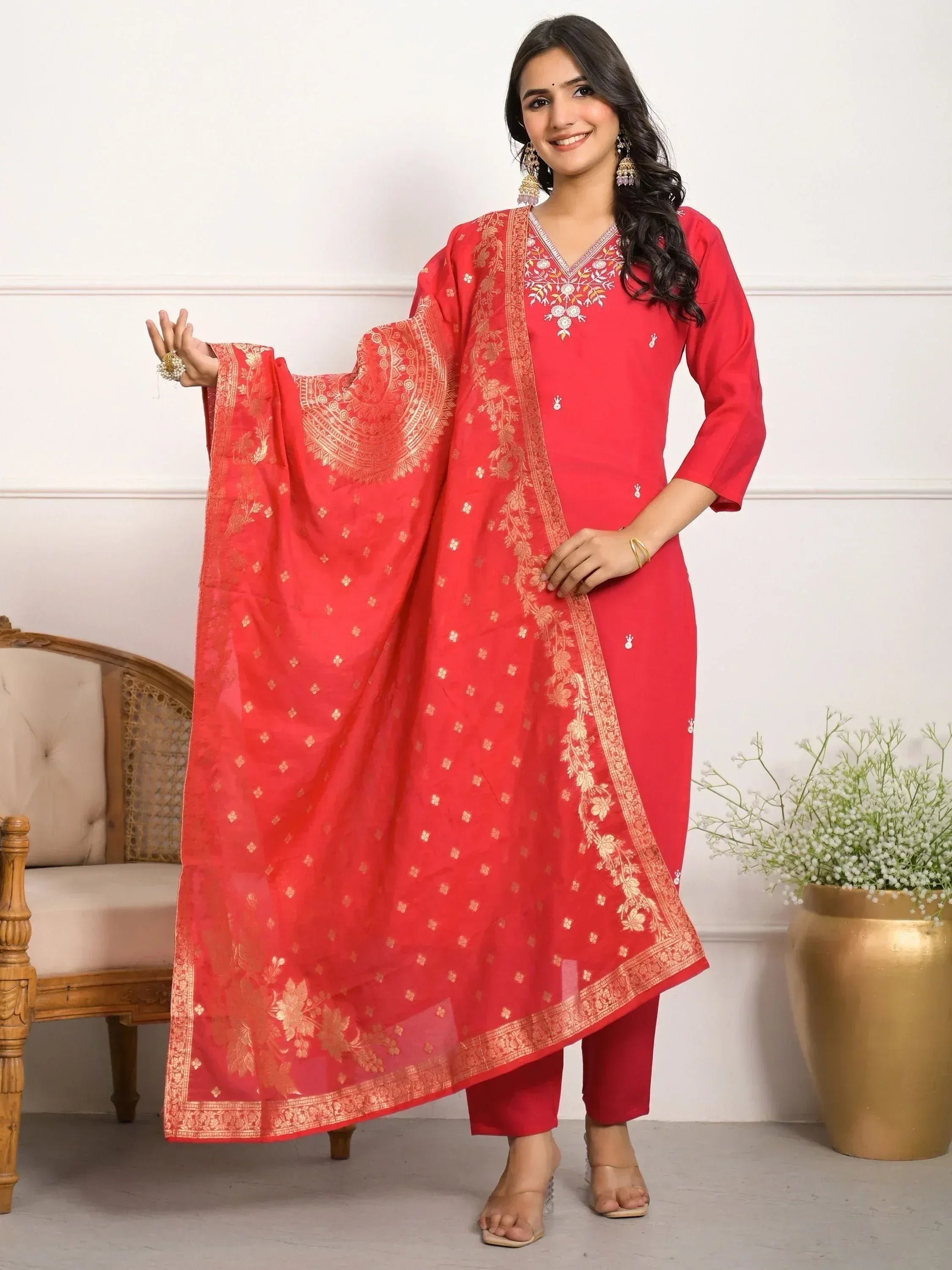 Red embroidered salwar kameez with gold floral dupatta, ethnic Indian wear for women