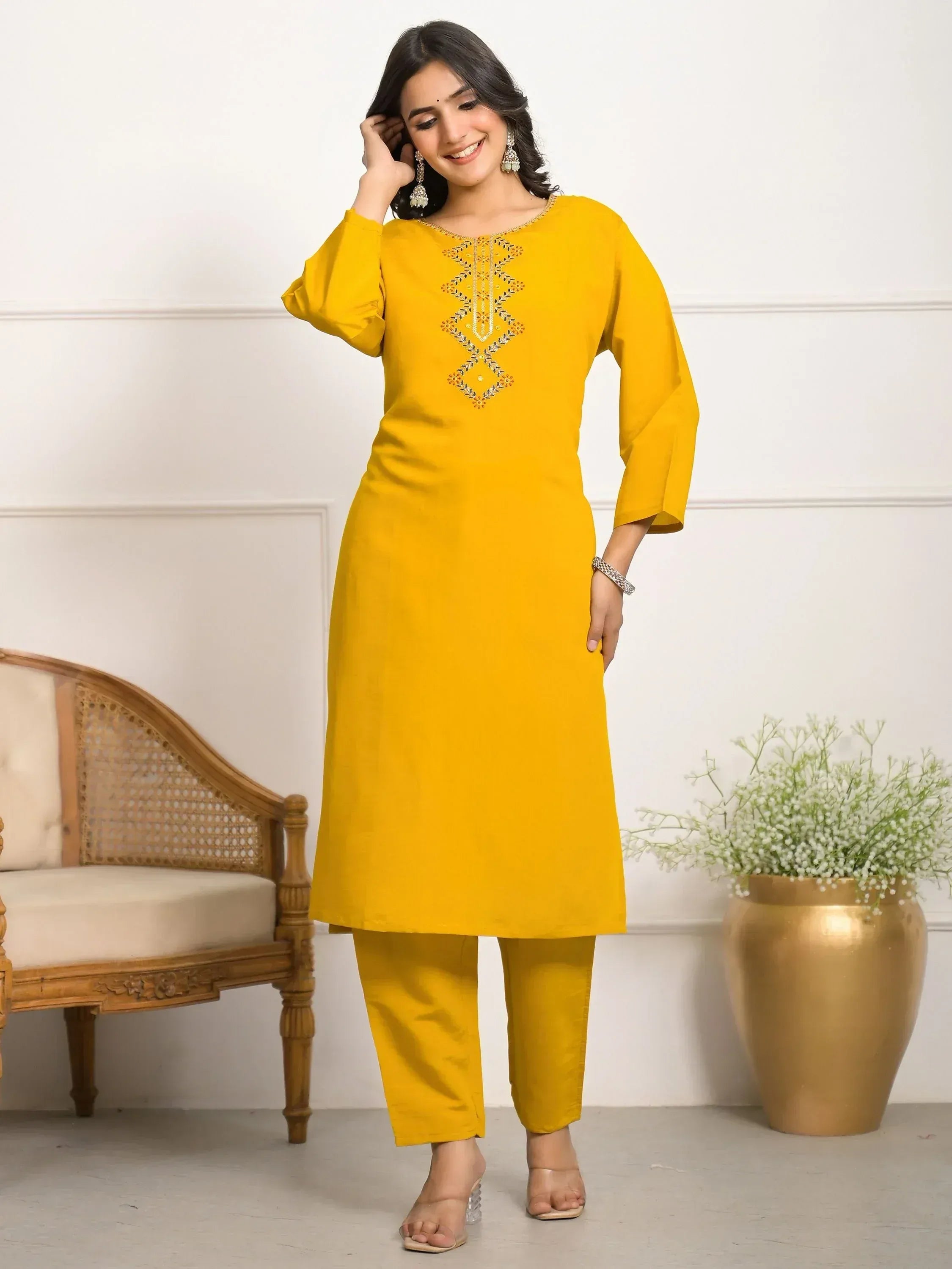 Yellow embroidered kurta with matching pants, Indian ethnic wear for women