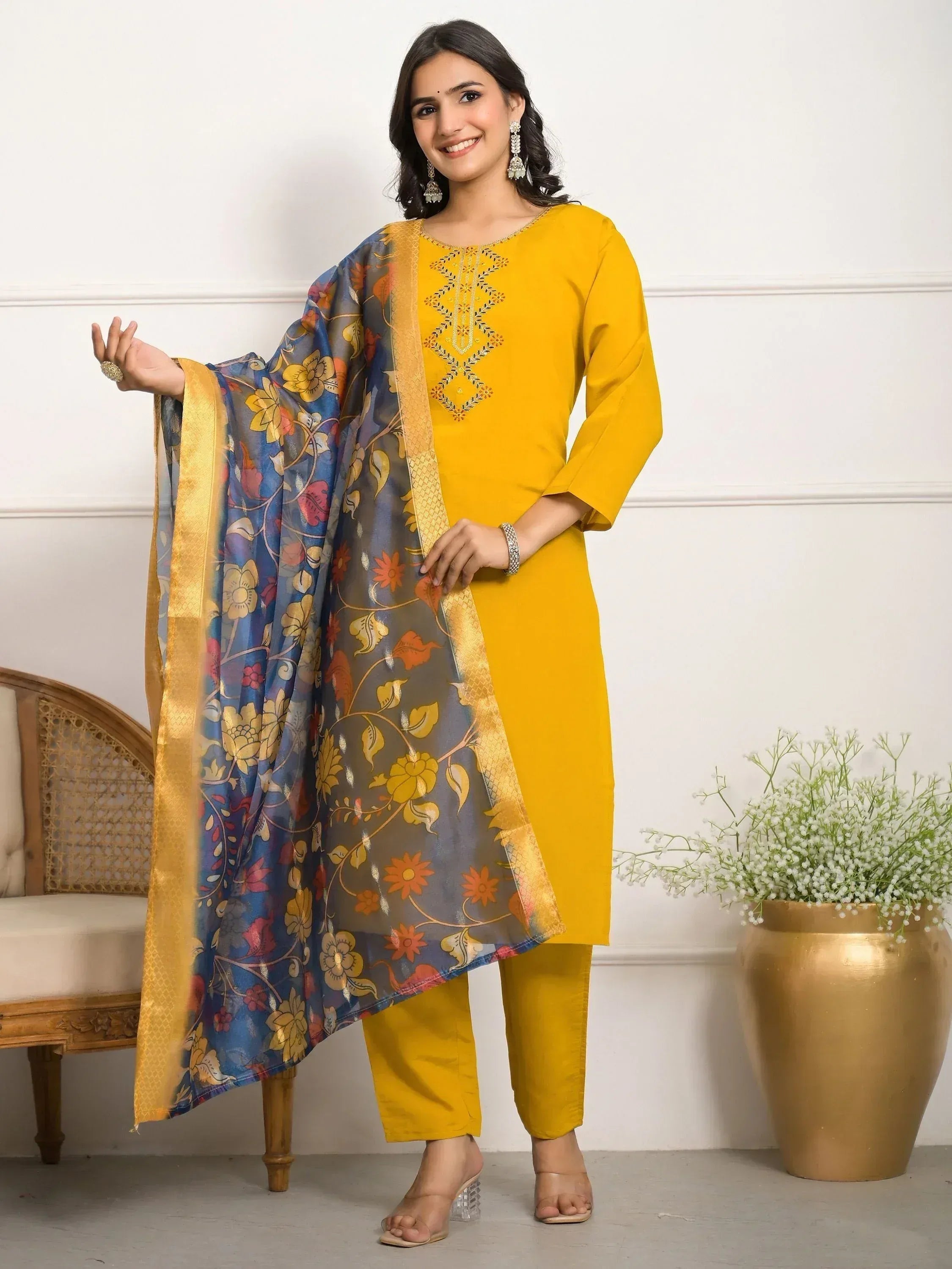 Yellow embroidered kurta with floral dupatta, Indian ethnic wear for women