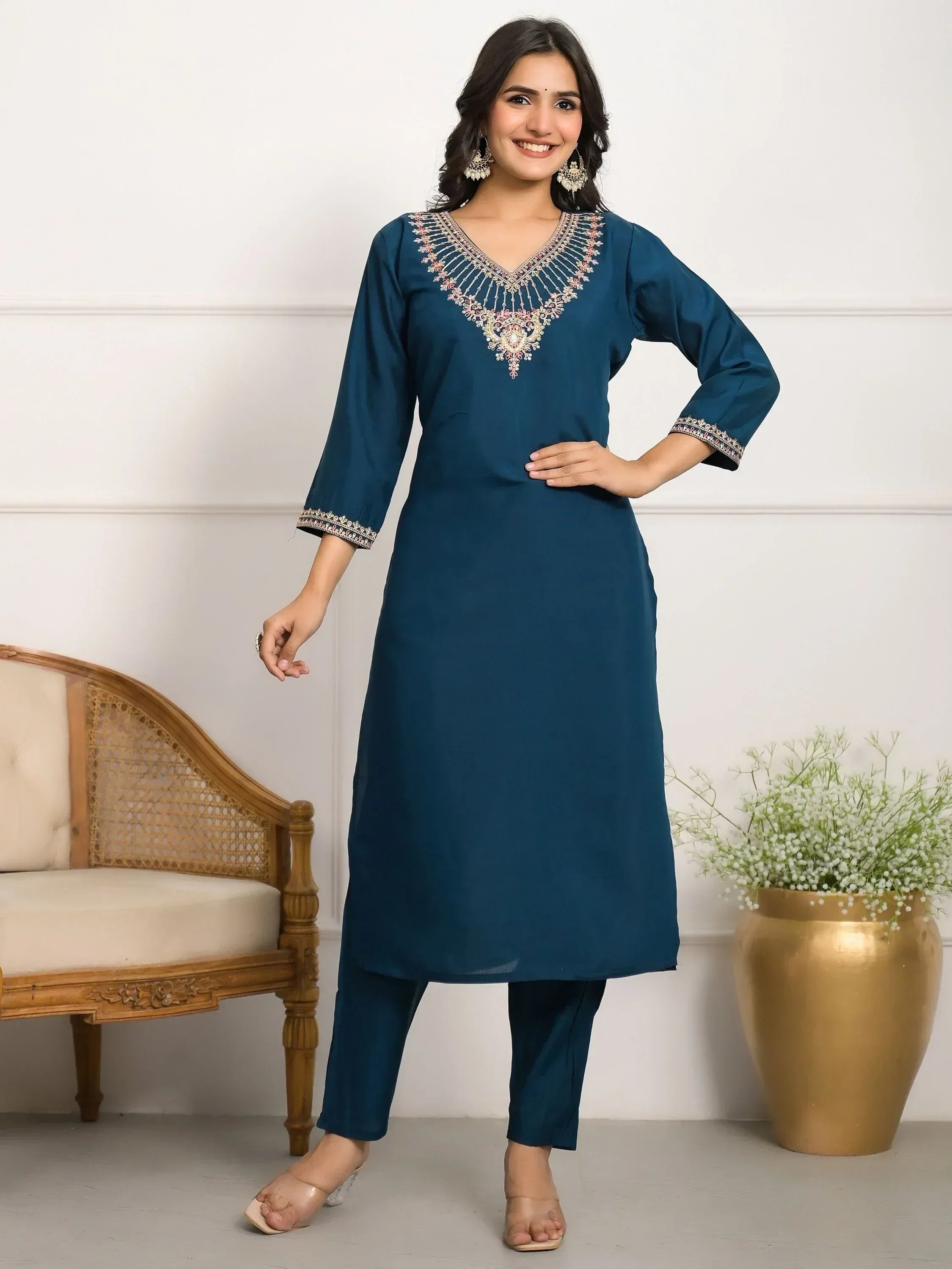 Teal embroidered kurti with matching pants, ethnic wear for women