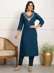 Wonderful Teal Blue Embroidered Viscose Pant Suit With Dupatta