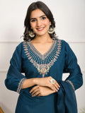 Wonderful Teal Blue Embroidered Viscose Pant Suit With Dupatta
