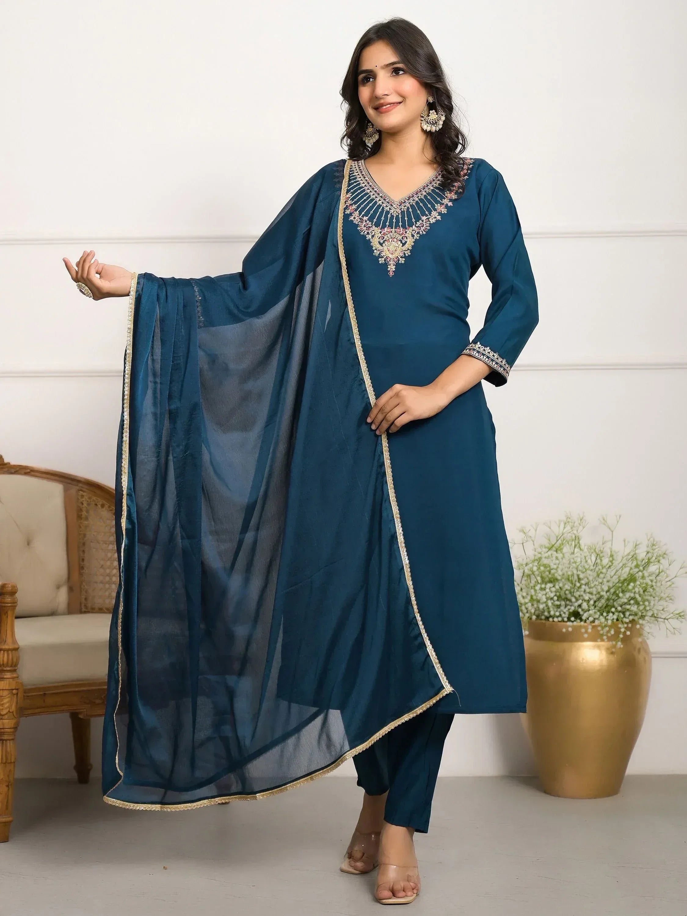 Teal blue embroidered kurta with matching palazzo and dupatta, Indian ethnic wear for women