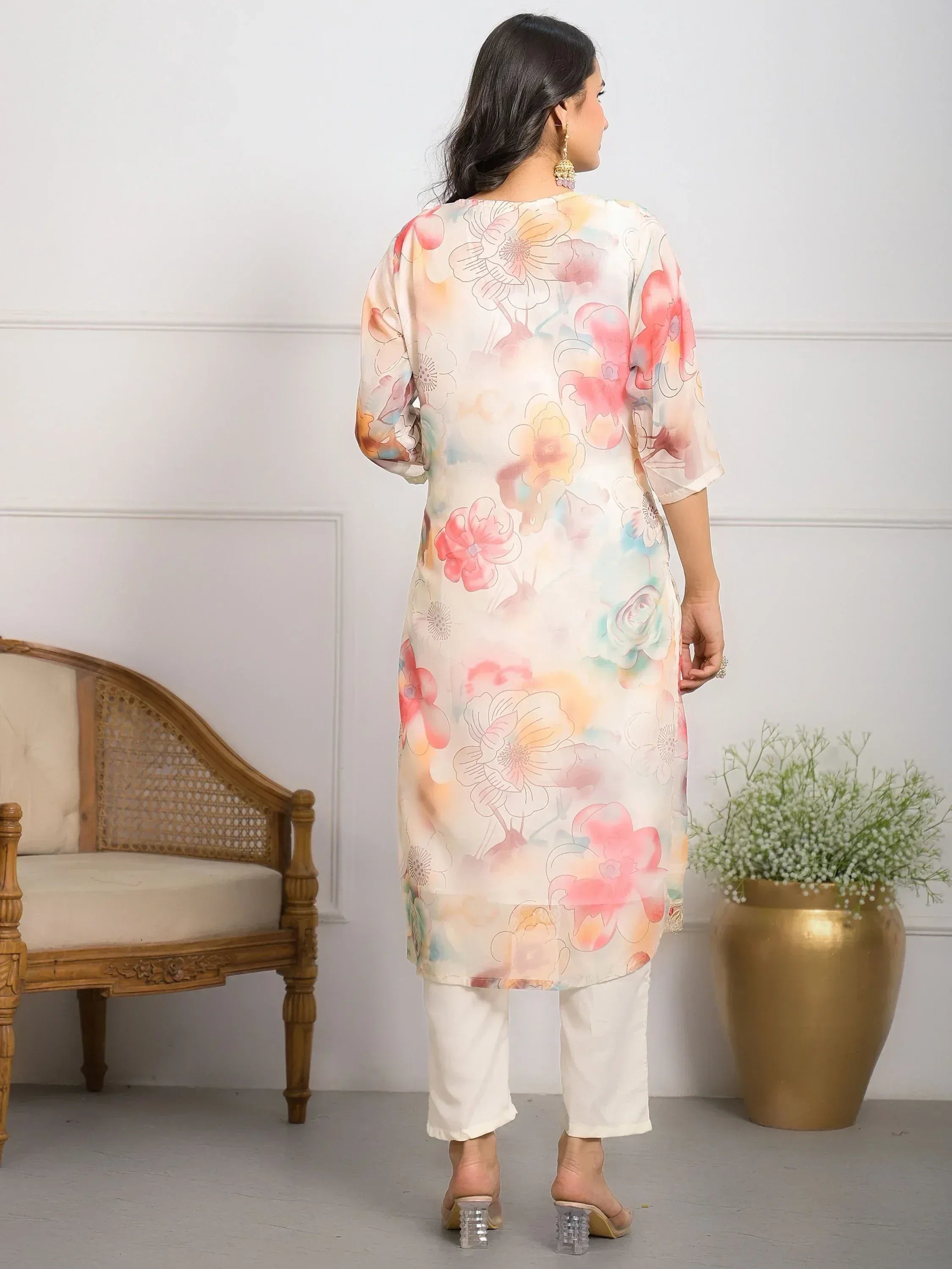 Floral print ethnic kurti with white pants, stylish Indian wear for women