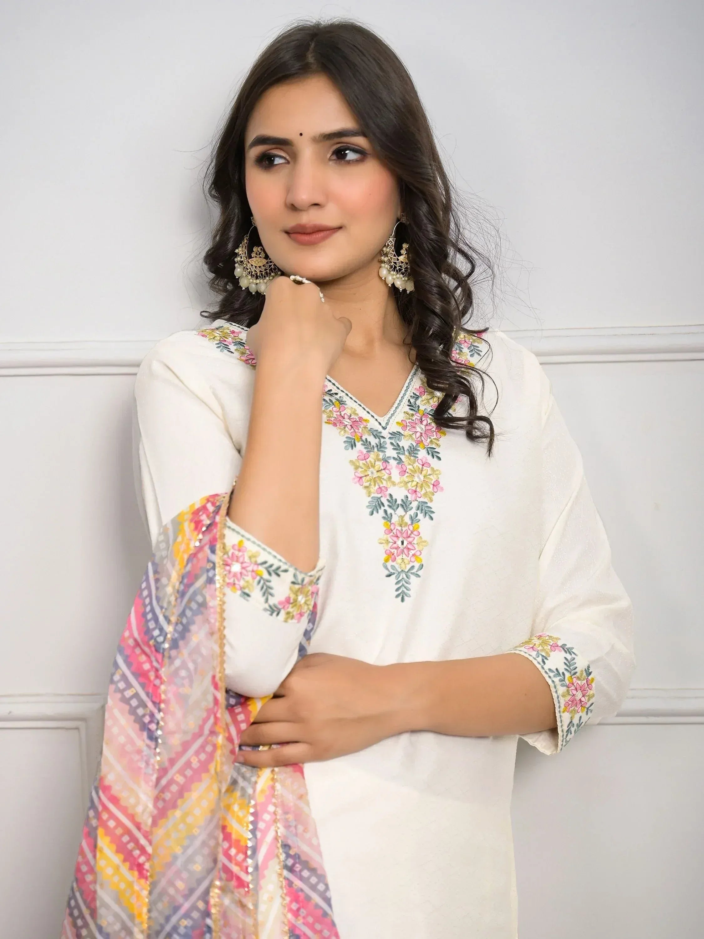 White floral embroidered kurta with colorful dupatta, ethnic wear for women
