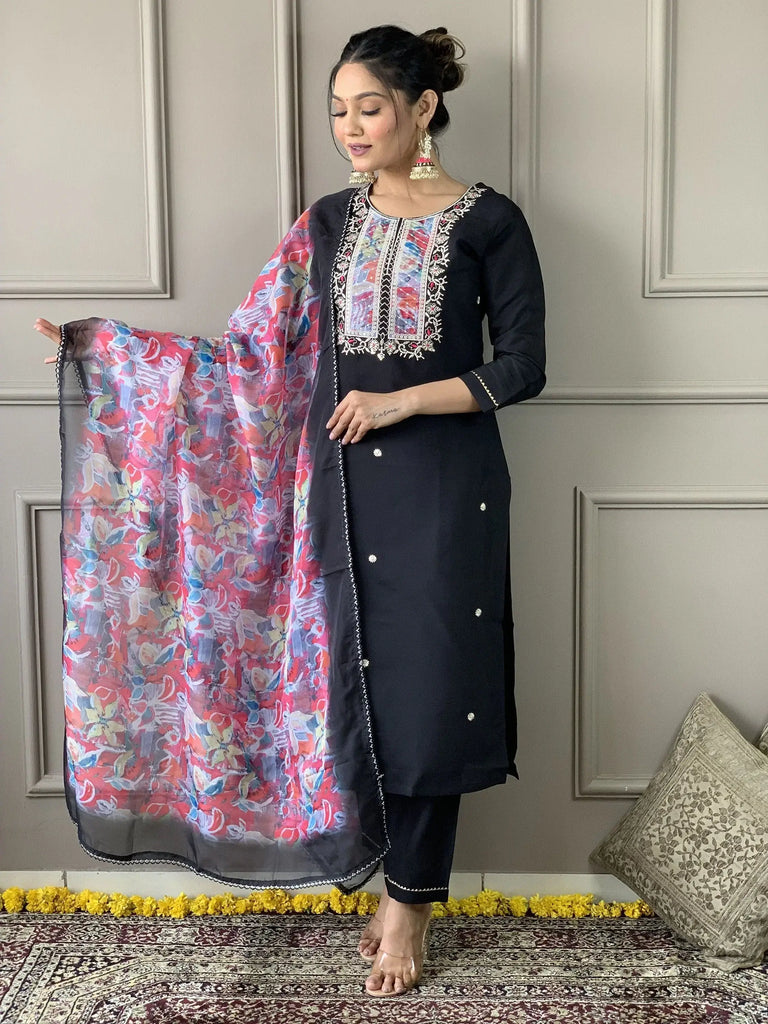 Gorgeous Black Embroidered Rayon Traditional Pant Suit With Dupatta