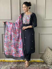 Gorgeous Black Embroidered Rayon Traditional Pant Suit With Dupatta