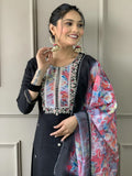 Gorgeous Black Embroidered Rayon Traditional Pant Suit With Dupatta